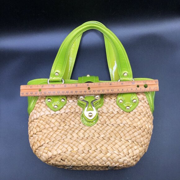 Michael Kors Straw and Green Leather Tote Bag w/Gold Color Hardware Excellent - Picture 13 of 15